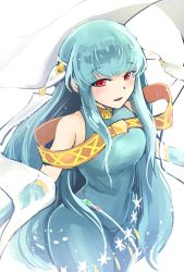 Rule 34 | 1girl, bare shoulders, blue hair, cape, dress, fire emblem, fire emblem: the blazing blade, fire emblem heroes, hair ornament, highres, long hair, looking at viewer, nakabayashi zun, ninian, nintendo, open mouth, red eyes, smile, solo