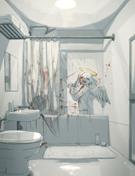 Rule 34 | 1boy, 1other, :d, absurdres, angel, angel wings, avogado6, bathtub, blood, blood in hair, blood on clothes, blood splatter, colored skin, commentary, corpse, facing viewer, feathered wings, from side, glass writing, gun, halo, handgun, highres, holding, holding gun, holding weapon, indoors, jacket, open mouth, original, pants, pistol, revolver, shower curtain, smile, suicide, weapon, white jacket, white pants, white skin, white theme, white wings, wings
