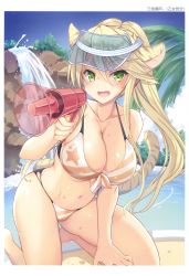 Rule 34 | 1girl, :d, absurdres, animal ears, bikini, blonde hair, blush, breasts, cleavage, day, fang, green eyes, highres, kneeling, large breasts, long hair, looking at viewer, navel, open mouth, original, palm tree, ponytail, poolside, sanshoku amido, smile, solo, speaker, striped bikini, striped clothes, swimsuit, tail, tiger ears, tiger tail, tree, visor cap, water, waterfall, wet