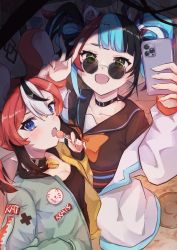 Rule 34 | 2girls, absurdres, alternate costume, animal ears, black hair, blue eyes, blue hair, candy, cellphone, creator connection, fang, fate/grand order, fate (series), food, hakos baelz, highres, hirasawa izumi, hololive, hololive english, jacket, lollipop, mouse ears, mouse girl, multicolored clothes, multicolored hair, multicolored jacket, multiple girls, phone, red hair, sailor collar, sei shounagon (fate), selfie, smartphone, sunglasses, twintails, two-tone jacket, v, virtual youtuber, white hair, white jacket, yellow eyes