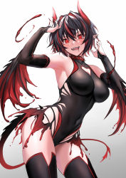Rule 34 | 1girl, :d, absurdres, armpits, arms up, bare shoulders, black hair, black leotard, black thighhighs, blood, breasts, bridal gauntlets, cleavage, cleavage cutout, clothing cutout, collar, commentary request, contrapposto, covered navel, cowboy shot, demon girl, demon horns, demon tail, demon wings, ear piercing, fingernails, floating, gradient background, heart cutout, hemokinesis, highres, horns, large breasts, leotard, long fingernails, looking at viewer, multicolored hair, nail polish, open mouth, original, piercing, pointy ears, red eyes, red hair, red nails, red wings, sharp fingernails, sharp teeth, short hair, smile, solo, spiked collar, spikes, streaked hair, tail, teeth, thighhighs, two-tone hair, ulrich (tagaragakuin), v-shaped eyebrows, white background, wings