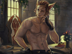 Rule 34 | 10s, 1boy, abs, animal ears, artist name, warrior of light (ff14), black gloves, blue eyes, book, brick wall, brown eyes, brown hair, cat boy, cat ears, chair, claparo, collarbone, desk, facial hair, final fantasy, final fantasy xiv, fingerless gloves, flower, gloves, goatee, hand on own hip, heterochromia, highres, inkwell, looking away, male focus, miqo&#039;te, muscular, navel, original, parted lips, pectorals, pectorals, plant, plate, quill, scar, scar across eye, scar on face, scroll, short hair, solo, stomach, stubble, sunlight, toned, topless male, vase, wallpaper, watermark, web address, window
