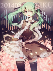 Rule 34 | 10s, 1girl, 2014, bad id, bad pixiv id, basket, rabbit, character name, dress, green hair, hand on own chest, hatsune miku, highres, lei yaya, long hair, one eye closed, open mouth, petals, pink eyes, sakura miku, solo, thighhighs, twintails, vocaloid