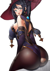 Rule 34 | 1girl, ass, ass support, black hair, blush, breasts, cape, detached sleeves, elbow gloves, embarrassed, eun bari, from behind, genshin impact, gloves, green eyes, hair ornament, hat, highres, huge ass, large breasts, leotard, long hair, looking back, looking down, mona (genshin impact), open mouth, pantyhose, shiny clothes, shiny skin, sideboob, sitting, smile, solo, sweatdrop, torn clothes, torn pantyhose, twintails, very long hair