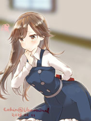 Rule 34 | 1girl, arashio (kancolle), arashio kai ni (kancolle), arms behind back, blurry, blurry background, brown eyes, brown hair, cobin, commentary request, cowboy shot, dated, dress, gift, highres, kantai collection, leaning forward, long hair, long sleeves, pinafore dress, shirt, sleeveless dress, solo, standing, twitter username, white shirt