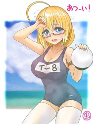 Rule 34 | 1girl, ahoge, beach, blonde hair, blue eyes, breasts, cleavage, cloud, cloudy sky, collarbone, covered navel, cowboy shot, glasses, hat, unworn hat, unworn headwear, hot, i-8 (kancolle), kantai collection, large breasts, low twintails, mushi mushi ex, name tag, ocean, one-piece swimsuit, open mouth, outdoors, peaked cap, red-framed eyewear, sailor hat, sand, school swimsuit, semi-rimless eyewear, sky, solo, sweat, swimsuit, swimsuit under clothes, thighhighs, twintails, under-rim eyewear, vage, water, white thighhighs