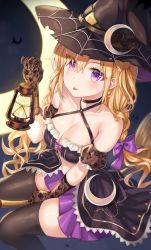 Rule 34 | 1girl, absurdres, bad id, bad pixiv id, bare shoulders, bat (animal), black hat, black thighhighs, blonde hair, bow, braid, breasts, broom, broom riding, brown gloves, choker, cleavage, collarbone, commentary request, crescent, criss-cross halter, crop top, detached sleeves, earrings, gloves, hair between eyes, hair bow, halloween, halloween costume, halterneck, hand up, hat, highres, holding, huge filesize, jewelry, lamp, long hair, looking at viewer, medium breasts, midriff, miniskirt, mole, mole under eye, navel, original, puffy short sleeves, puffy sleeves, purple bow, purple eyes, purple skirt, short sleeves, skirt, smile, solo, stomach, thighhighs, tokkyu, tongue, tongue out, twin braids, twintails, very long hair, witch, witch hat, zettai ryouiki