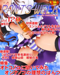 Rule 34 | 1girl, black thighhighs, cellphone, cover, dr rex, fang, female focus, head out of frame, himekaidou hatate, magazine cover, necktie, outdoors, panties, phone, skirt, sky, solo, striped clothes, striped panties, thighhighs, touhou, twintails, underwear