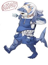 Rule 34 | armpits, barefoot, bite mark, blue eyes, blue hoodie, blue skin, colored skin, cosplay, costume, dugnul, english text, fat, feet, fins, fish tail, full body, gawr gura, gawr gura (cosplay), hair ornament, highres, holding, holding polearm, holding weapon, hololive, hololive english, hood, hoodie, multicolored hair, no humans, open mouth, polearm, shark, shark hair ornament, shark tail, sharp teeth, silver hair, simple background, sleeveless, sleeveless hoodie, solo, speech bubble, streaked hair, tail, teeth, toes, trident, virtual youtuber, walking, weapon, what, white background