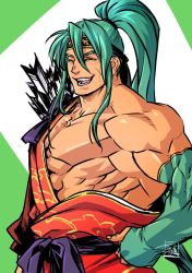 Rule 34 | 1boy, abs, arrow (projectile), bare pectorals, elbow gloves, fate/grand order, fate (series), fingerless gloves, gloves, green hair, headband, japanese clothes, kimono, large pectorals, long hair, long sleeves, male focus, muscular, open clothes, open kimono, open mouth, pectorals, ponytail, ryuuki garyuu, smile, solo, tawara touta (fate), twintails, upper body