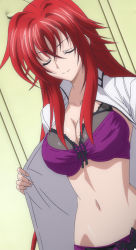 Rule 34 | 1girl, bra, breasts, cleavage, closed eyes, female focus, frilled bra, frills, high school dxd, highres, large breasts, long hair, navel, open clothes, panties, purple bra, purple panties, red hair, rias gremory, simple background, smile, solo, stitched, stomach, third-party edit, underwear, undressing, very long hair