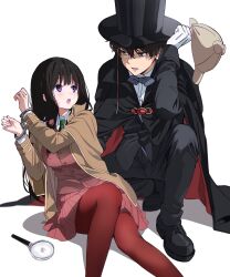 Rule 34 | 1boy, 1girl, :o, alternate costume, artist logo, black cape, black footwear, black hair, black headwear, black jacket, black pants, blush, bound, bound wrists, bow, bowtie, breasts, brown hair, cape, chitanda eru, collared shirt, cuffs, deerstalker, detective, gloves, handcuffs, hat, highres, hyouka, jacket, kimi ni matsuwaru mystery, large breasts, long hair, long sleeves, looking at another, magnifying glass, mery (yangmalgage), monocle, open mouth, oreki houtarou, pants, pantyhose, pleated skirt, purple eyes, red cape, red pantyhose, restrained, school uniform, shirt, short hair, simple background, skirt, smile, teeth, top hat, two-sided cape, two-sided fabric, upper teeth only, white background, white gloves, white shirt