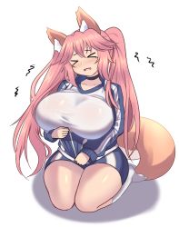 Rule 34 | &gt; &lt;, 1girl, absurdres, alternate breast size, animal ear fluff, animal ears, black choker, blue jacket, breasts, choker, closed eyes, collarbone, commentary, english commentary, fang, fate/extra, fate (series), fox ears, fox girl, fox tail, highres, huge breasts, inconvenient breasts, jacket, jifuwabe, long hair, long sleeves, open mouth, pink hair, seiza, shirt, sitting, skin fang, socks, solo, sportswear, tail, tamamo (fate), tamamo no mae (fate/extra), tearing up, thighs, track jacket, twintails, wavy mouth, white background, white shirt, white socks