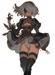 Rule 34 | 1girl, arutera, black dress, black footwear, black gloves, black thighhighs, blindfold, boots, breasts, dress, facing viewer, gloves, grey hair, hairband, hand up, highleg, highleg leotard, highres, juliet sleeves, leotard, long sleeves, medium breasts, nier (series), nier:automata, parted lips, puffy sleeves, short hair, simple background, solo, thigh boots, thighhighs, white background, white leotard, 2b (nier:automata)