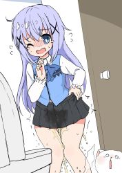 Rule 34 | 1girl, black skirt, blue eyes, blue hair, blue neckwear, blue vest, blush, bow, bowtie, cat, door, dutch angle, embarrassed, female focus, flying sweatdrops, gochuumon wa usagi desu ka?, hair ornament, hairclip, hand up, have to pee, highres, hitsujiomo, indoors, jpeg artifacts, kafuu chino, knees together feet apart, long hair, long sleeves, miniskirt, nose blush, o o, one eye closed, open mouth, peeing, peeing self, pleated skirt, shirt, skirt, solo focus, standing, steam, sweat, tears, tippy (gochiusa), toilet, trembling, vest, wet, wet clothes, white shirt, wince, x hair ornament