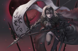 Rule 34 | 1girl, armor, armored dress, black dress, black footwear, breasts, chain, charging forward, dress, fate/grand order, fate (series), faulds, fighting, fighting stance, flag, fur trim, gauntlets, goldcan, headpiece, highres, holding, holding flag, holding sword, holding weapon, jeanne d&#039;arc (fate), jeanne d&#039;arc alter (avenger) (fate), jeanne d&#039;arc alter (fate), large breasts, plackart, silver hair, solo, sword, thighhighs, thighs, weapon, yellow eyes