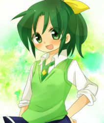 Rule 34 | 10s, 1girl, green eyes, green hair, hair ornament, hand on own hip, machi (mimihand), matching hair/eyes, midorikawa nao, necktie, open mouth, ponytail, precure, ribbon, school uniform, skirt, sleeves rolled up, smile, smile precure!, solo, sweater vest