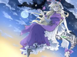 Rule 34 | 1girl, bare shoulders, blonde hair, boots, bow, breasts, city, city lights, cityscape, cloud, cloudy sky, dress, elbow gloves, floating, full moon, gap (touhou), gloves, hair bow, hat, hat ribbon, large breasts, long hair, mob cap, moon, night, night sky, parted lips, purple dress, purple eyes, ribbon, ribbon-trimmed clothes, ribbon trim, sitting, sky, smile, solo, star (sky), starry sky, sunrise, tabard, touhou, uru chimai, white gloves, yakumo yukari, yin yang