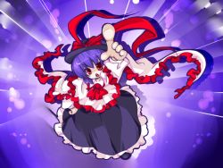 Rule 34 | 1girl, aoi mitsuru, female focus, from above, full body, gradient background, hand on own hip, hat, hip focus, nagae iku, pointing, purple hair, ribbon, saturday night fever, short hair, solo, touhou