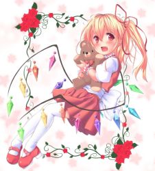 Rule 34 | 1girl, blonde hair, blush, hugging doll, fang, flandre scarlet, flower, hair ribbon, looking at viewer, mary janes, no headwear, no headwear, hugging object, open mouth, pink eyes, puffy sleeves, red eyes, red flower, red footwear, red rose, ribbon, rose, sakuna, sash, shirt, shoes, short sleeves, side ponytail, smile, solo, star (symbol), stuffed animal, stuffed toy, teddy bear, thighhighs, touhou, white thighhighs, wings, wrist cuffs, zettai ryouiki