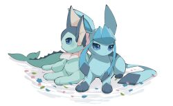 Rule 34 | animal focus, blue eyes, blue skin, closed mouth, colored skin, creatures (company), evolutionary line, fins, forked tail, game freak, gen 1 pokemon, gen 4 pokemon, glaceon, head fins, nintendo, no humans, pokemon, pokemon (creature), prehensile hair, sitting, tail, vaporeon, white background, yumeminoideyu2