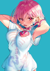 Rule 34 | 1girl, armpits, arms up, ayamori mimi, blue background, choker, collar, cowboy shot, crying, crying with eyes open, earrings, fang, hair intakes, tucking hair, heart-shaped lock, heart on chest, highres, idolmaster, idolmaster cinderella girls, jewelry, multicolored hair, pill, pill earrings, pink choker, pink collar, pink eyes, pink hair, pink wristband, shirt, skeleton print, skin fang, solo, t-shirt, tears, two-tone hair, yumemi riamu