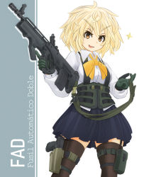 Rule 34 | 1girl, assault rifle, black thighhighs, blonde hair, blouse, blue skirt, bow, bowtie, buckle, bullpup, buttoned cuffs, buttons, collared shirt, commentary request, corset, cowboy shot, fad assault rifle, gloves, green gloves, gun, handgun, highres, holding, long sleeves, looking at viewer, md5 mismatch, mikeran (mikelan), military, miniskirt, open mouth, orange eyes, original, pleated skirt, pouch, resolution mismatch, rifle, shirt, short hair, skirt, smirk, snap-fit buckle, solo, source smaller, spanish text, standing, star (symbol), tactical clothes, thigh strap, thighhighs, trigger discipline, v-shaped eyebrows, weapon, weapon request, white shirt, yellow bow, yellow bowtie, zettai ryouiki