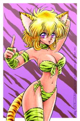 Rule 34 | 1990s (style), 1998, 1girl, akira m, animal ears, animal print, arm behind head, armband, bikini, blonde hair, breasts, cat ears, cat girl, cat tail, choker, cleavage, collar, collarbone, dated, fangs, fingerless gloves, gloves, green bikini, green gloves, green thighhighs, index finger raised, january, large breasts, looking at viewer, navel, open mouth, print bikini, print gloves, print thighhighs, purple background, purple eyes, retro artstyle, short hair, side-tie bikini bottom, single thighhigh, smile, solo, swimsuit, tail, teeth, thighhighs, tiger print