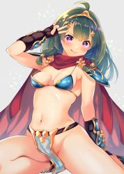 Rule 34 | 1girl, :p, ahoge, armor, armpits, bare arms, bare shoulders, bikini armor, black gloves, blush, breasts, breasts apart, calm mashiro, cape, commentary request, etrian odyssey, fingerless gloves, gauntlets, gloves, green hair, grey background, groin, hair ornament, hairband, hand up, head tilt, hero (sekaiju), long hair, looking at viewer, navel, no panties, pelvic curtain, purple eyes, red cape, shoulder armor, simple background, small breasts, solo, stomach, strap gap, thighs, tongue, tongue out, v, v-shaped eyebrows