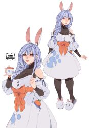 Rule 34 | 1girl, animal ears, artist name, blue hair, bodysuit, breasts, carrot print, cuo, dress, food print, full body, highres, hololive, kamii momoru, large breasts, lips, mature female, overalls, pekomama, red eyes, see-through bodysuit, skirt, slippers, smile, virtual youtuber, white background, white dress