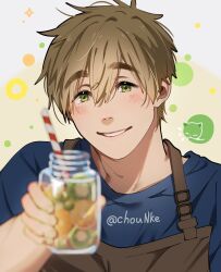 Rule 34 | 1boy, apron, blue shirt, blush, brown apron, brown hair, chounke, cup, drinking straw, free!, green eyes, highres, holding, holding cup, looking at viewer, male focus, shirt, short hair, smile, solo, tachibana makoto, teeth, twitter username