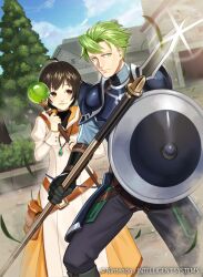 1boy 1girl ahoge aran_(fire_emblem) armor black_hair brown_eyes commentary_request company_name fire_emblem fire_emblem:_radiant_dawn fire_emblem_cipher glint gloves green_eyes green_hair holding holding_polearm holding_shield holding_staff holding_weapon jewelry laura_(fire_emblem) necklace nintendo official_art outdoors pants pine_tree polearm robe shield short_hair sky staff tree udakyo weapon