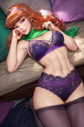 Rule 34 | 1girl, armpits, bed, bra, breasts, brown hair, cleavage, clothes pull, commentary, daphne ann blake, fingernails, green scarf, hairband, highres, lace, lace-trimmed bra, lace-trimmed panties, lace trim, lingerie, long fingernails, long hair, looking at viewer, medium breasts, mixed-language commentary, neoartcore, paid reward available, panties, pantyhose, pantyhose pull, parted lips, pillow, pink nails, purple bra, purple eyes, purple hairband, purple panties, scarf, scooby-doo, smile, solo, toned, underwear