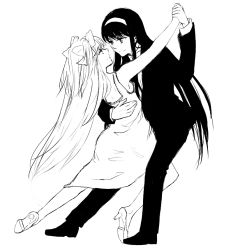 Rule 34 | 10s, 2girls, akemi homura, black hair, bow, bowtie, closed mouth, dancing, daochang, dress, earrings, eye contact, graphite (medium), greyscale, hair bow, hairband, hand on another&#039;s hip, high heels, holding hands, jewelry, kaname madoka, leg between thighs, long hair, looking at another, mahou shoujo madoka magica, mahou shoujo madoka magica: hangyaku no monogatari, monochrome, multiple girls, simple background, single earring, smile, spoilers, traditional media, two side up, ultimate madoka, white background, yuri