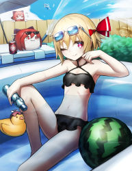 Rule 34 | 4girls, arm support, armpits, bare arms, bare legs, bare shoulders, beach umbrella, bikini, black bikini, blonde hair, blue sky, bush, cirno, closed mouth, cloud, collarbone, commentary request, criss-cross halter, day, deal with it (meme), dr pepper, eyewear on head, fence, flat chest, flying, flying sweatdrops, food, frilled bikini, frills, fruit, hair ribbon, halterneck, halterneck, highres, knee up, komeiji koishi, looking at viewer, meme, multiple girls, mystia lorelei, one eye closed, outdoors, partially submerged, red eyes, red ribbon, ribbon, rumia, sekibanki, short hair, sitting, sky, smile, spark621, sunlight, swimsuit, touhou, umbrella, wading pool, water, watermelon, wooden fence, yukkuri shiteitte ne