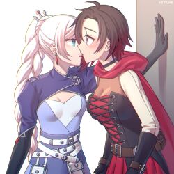 Rule 34 | 2girls, accidental kiss, ahoge, belt, black choker, black hair, blue eyes, braid, braided ponytail, breasts, brown belt, cape, choker, commentary, earrings, gloves, gradient hair, grey eyes, hair ornament, hood, hooded cape, jewelry, kabedon, kio rojine, kiss, long hair, looking at another, medium breasts, multicolored hair, multiple belts, multiple girls, parted lips, ponytail, red cape, red hair, ruby rose, rwby, short hair, small breasts, symbol-only commentary, tiara, two-tone hair, weiss schnee, white belt, white hair, yuri