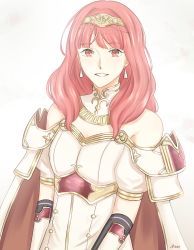 Rule 34 | 1girl, armor, bare shoulders, breastplate, cape, celica (fire emblem), curly hair, fire emblem, fire emblem echoes: shadows of valentia, fire emblem gaiden, gloves, hakirino, highres, looking at viewer, nintendo, pink hair, signature, simple background, solo, tiara, white background