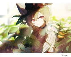 Rule 34 | arknights, beanstalk (arknights), beanstalk (elite ii) (arknights), black headwear, blurry, blurry background, border, braid, brown hair, closed mouth, collarbone, commentary request, dated, ears through headwear, flower, fui (fui29493452), green ribbon, hat, highres, hyena ears, hyena girl, infection monitor (arknights), jacket, light particles, light rays, light smile, long hair, looking at viewer, orange flower, plant, red eyes, ribbon, ribbon braid, single braid, striped clothes, striped jacket, sunbeam, sunlight, upper body, white border