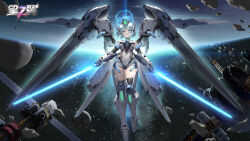 Rule 34 | 1girl, arm armor, asteroid, bare shoulders, black choker, blue eyes, blue hair, character request, choker, detached sleeves, energy weapon, headgear, highres, holding, holding sword, holding weapon, leotard, light blue hair, looking at viewer, mecha musume, official art, official wallpaper, planet, satellite, short hair, space, space station, star (sky), starward, sword, thighhighs, thighs, thrusters, weapon