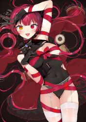 Rule 34 | 1girl, absurdres, bare shoulders, black gloves, blush, breasts, covered navel, garter belt, garter straps, gloves, heterochromia, highres, hololive, houshou marine, large breasts, long hair, looking at viewer, navel, open mouth, pomesaurus, red eyes, red hair, red ribbon, ribbon, smile, solo, thighhighs, thighs, twintails, virtual youtuber, white garter belt, white garter straps, white thighhighs, yellow eyes