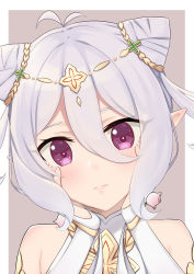 Rule 34 | 1girl, absurdres, antenna hair, bare shoulders, blush, bridal gauntlets, brown background, commentary request, cone hair bun, dress, grey hair, hair between eyes, hair bun, hands up, head tilt, highres, k-ya., kokkoro (ceremonial) (princess connect!), kokkoro (princess connect!), looking at viewer, pointy ears, portrait, princess connect!, purple eyes, sidelocks, sleeveless, sleeveless dress, solo, split mouth, twintails, two-tone background, white background, white dress