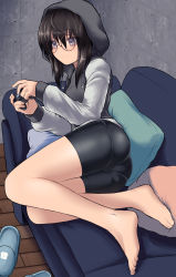 Rule 34 | 1girl, ass, barefoot, bike shorts, black hair, black jacket, black shorts, blue footwear, closed mouth, commentary request, commission, controller, couch, drawstring, game controller, glasses, grey eyes, hair between eyes, highres, holding, holding controller, hood, hood up, hooded jacket, indoors, jacket, long sleeves, looking away, m.m, on couch, original, pantylines, pillow, playing games, puffy long sleeves, puffy sleeves, round eyewear, short shorts, shorts, skeb commission, slippers, unworn slippers, smile, solo, wooden floor