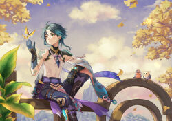 Rule 34 | 1boy, ahoge, aqua hair, arm tattoo, armor, belt, bird, black footwear, black hair, blue gemstone, blue gloves, blue pants, boots, branch, bug, butterfly, butterfly wings, closed mouth, cloud, cloudy sky, crystalfly (genshin impact), detached sleeves, evening, eyeshadow, facial mark, feathered wings, fence, forehead mark, gem, genshin impact, gloves, gold trim, gradient hair, hand up, highres, insect, insect wings, jewelry, leaf, long sleeves, looking to the side, makeup, male focus, mandarin collar, mapogeso, mountain, multicolored hair, necklace, outdoors, pants, pearl necklace, pink sky, purple belt, purple sky, red eyeshadow, shirt, short hair, shoulder armor, single bare shoulder, single detached sleeve, sitting, sky, sleeveless, sleeveless shirt, smile, solo, tassel, tattoo, tree, two-tone hair, vision (genshin impact), white shirt, wide sleeves, window, wings, xiao (genshin impact), yellow butterfly, yellow eyes