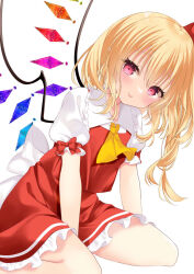 Rule 34 | 1girl, :p, ascot, blonde hair, blush, crystal, flandre scarlet, looking at viewer, no headwear, puffy short sleeves, puffy sleeves, red eyes, red skirt, short sleeves, sitting, skirt, solo, tongue, tongue out, tosakaoil, touhou, vest, white background, wings