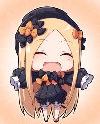 Rule 34 | 1girl, :d, ^ ^, abigail williams (fate), black bow, black dress, black footwear, black hat, blonde hair, bloomers, blush, bow, bug, butterfly, chibi, closed eyes, commentary request, dress, facing viewer, fate/grand order, fate (series), forehead, full body, hair bow, hat, insect, long hair, long sleeves, nenosame, open mouth, orange bow, outstretched arms, parted bangs, polka dot, polka dot bow, sleeves past fingers, sleeves past wrists, smile, solo, spread arms, standing, underwear, very long hair, white bloomers