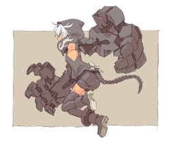 Rule 34 | 1girl, ankle boots, armpits, ass, bare shoulders, beige background, black footwear, black rock shooter, black shorts, black thighhighs, boots, border, bow, dark-skinned female, dark skin, expressionless, from behind, full body, hood, leg lift, looking away, matsuo yuusuke, mechanical arms, open mouth, outside border, profile, red eyes, ribbon, shoe soles, short hair, shorts, single mechanical arm, sleeveless, solo, strength (black rock shooter), tail, tail ornament, tail ribbon, thighhighs, white bow, white hair, white ribbon
