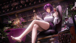 Rule 34 | 1girl, bar (place), barefoot, black shorts, bottle, breasts, chest harness, crossed legs, cup, drinking glass, eyewear on head, harness, high-waist shorts, highres, honkai: star rail, honkai (series), instrument, kafka (honkai: star rail), large breasts, legs, ling dianxia, long hair, long sleeves, looking at viewer, on chair, purple eyes, purple hair, round eyewear, shirt, shorts, soles, solo, sunglasses, sword, thighs, toes, violin, weapon, white shirt, wine bottle, wine glass