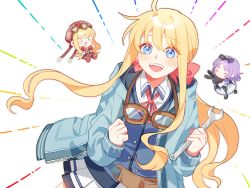 Rule 34 | 1girl, ahoge, blonde hair, blue eyes, blush stickers, bow, clenched hand, collared shirt, cowboy shot, doll, eiyuu densetsu, closed eyes, falcom, goggles, goggles around neck, hair between eyes, hair bow, hat, jacket, long sleeves, looking at viewer, miniskirt, neck ribbon, open mouth, pleated skirt, purple hair, renne (eiyuu densetsu), ribbon, sakuraihum, sen no kiseki, sen no kiseki iii, shirt, short hair with long locks, sidelocks, simple background, skirt, smile, sora no kiseki, stuffed animal, stuffed rabbit, stuffed toy, tita russell, vest, white background, wrench