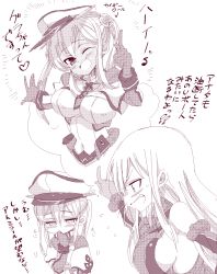 Rule 34 | 10s, 2girls, ;d, bare shoulders, bismarck (kancolle), blush, breasts, capelet, cross, dark skin, dark-skinned female, detached sleeves, gloves, graf zeppelin (kancolle), hair between eyes, halftone, hand to own mouth, hat, highres, impossible clothes, jacket, kantai collection, kugimiya atsuki, large breasts, long hair, looking at viewer, military, military hat, military uniform, monochrome, multiple girls, necktie, one eye closed, open mouth, peaked cap, pointy ears, sideboob, sidelocks, smile, straight hair, tan, thinking, thought bubble, translation request, twintails, uniform, upper body