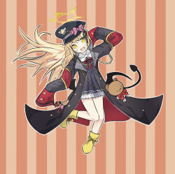 Rule 34 | armband, black coat, black tail, black wings, blonde hair, blue archive, blush stickers, bow, coat, demon tail, demon wings, gehenna academy logo, halo, hat, highres, ibuki (blue archive), peaked cap, pink bow, red armband, sleeves past fingers, sleeves past wrists, striped background, stuffed animal, stuffed toy, tail, teddy bear, vrpr4422, wings, yellow eyes, yellow footwear, yellow halo